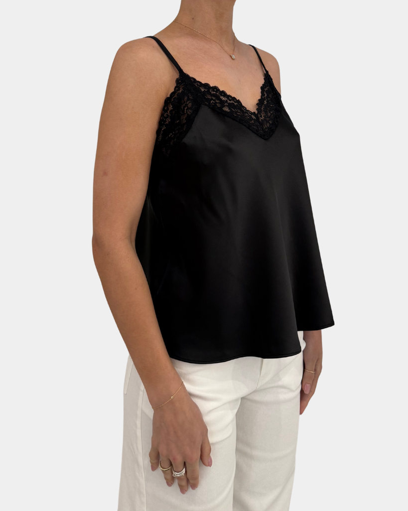 Lace Trim Satin Cami - Black - FINAL SALE – She She Boutique