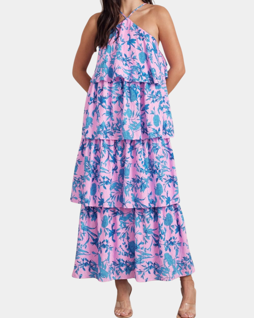 pink and blue ruffle dress A-line Ruched Floral Print Tiered Ruffle Homecoming Dress with Detachable Spaghetti Straps S8694H - Homecoming Dresses