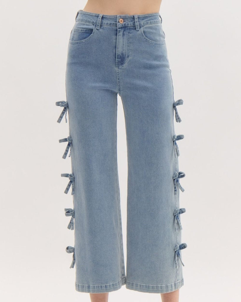 Jeans with Bow Detail at Sides - Denim- FINAL SALE – She She