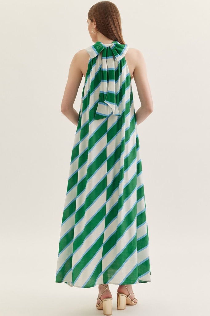 green and white striped halter dress Tie Waist Deep V-Neck, Anais Striped Maxi Dress in Green, Size M,