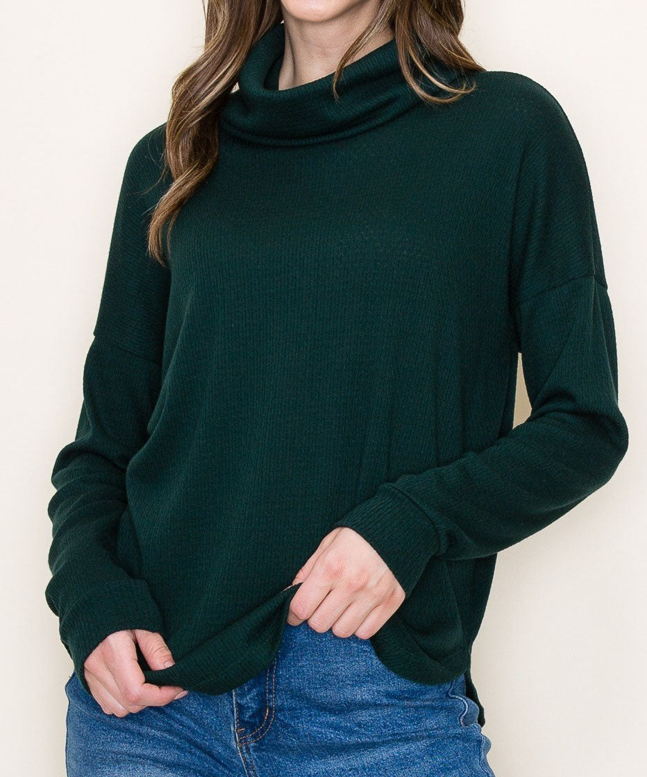 Cowl Neck Pullover Knit Top - Hunter Green