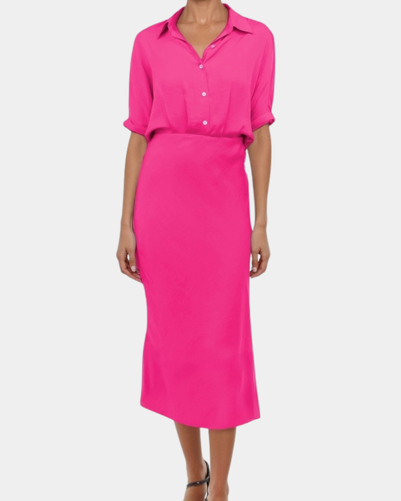hot pink button up dress Hot Pink Button Down Pleated Bodycon Dress Gabi Swimwear