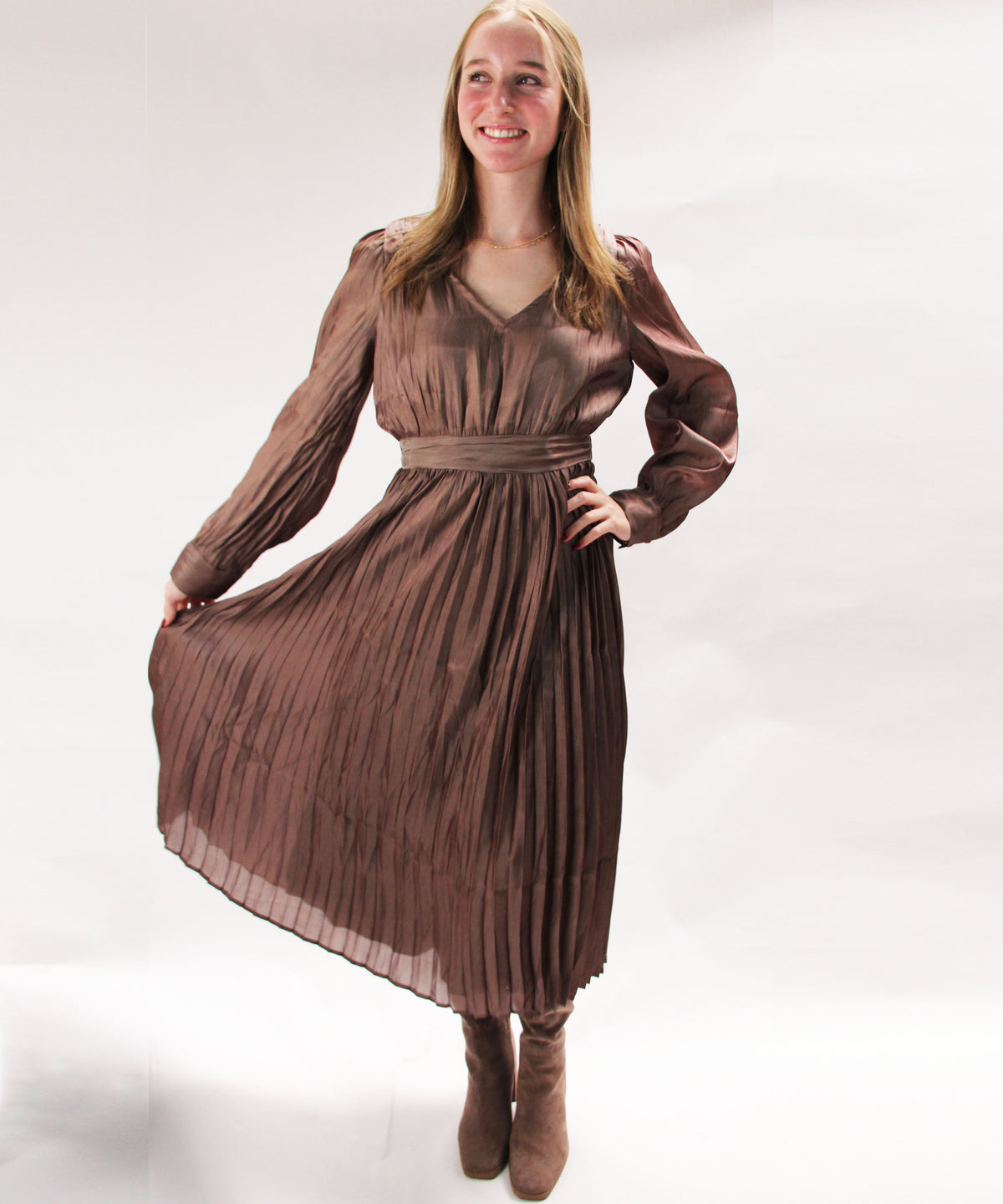 Satin Pleated Shirred Midi Dress - Mocha