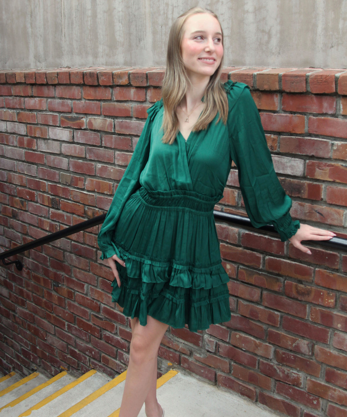 Emerald green ruffle clearance dress