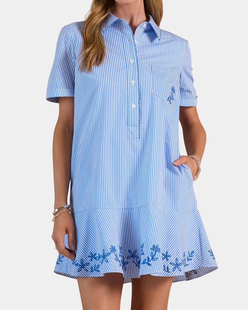 Striped Embroidered Shirt Dress - Blue She She Boutique Striped Embroidered Shirt Dress - Blue She She Boutique