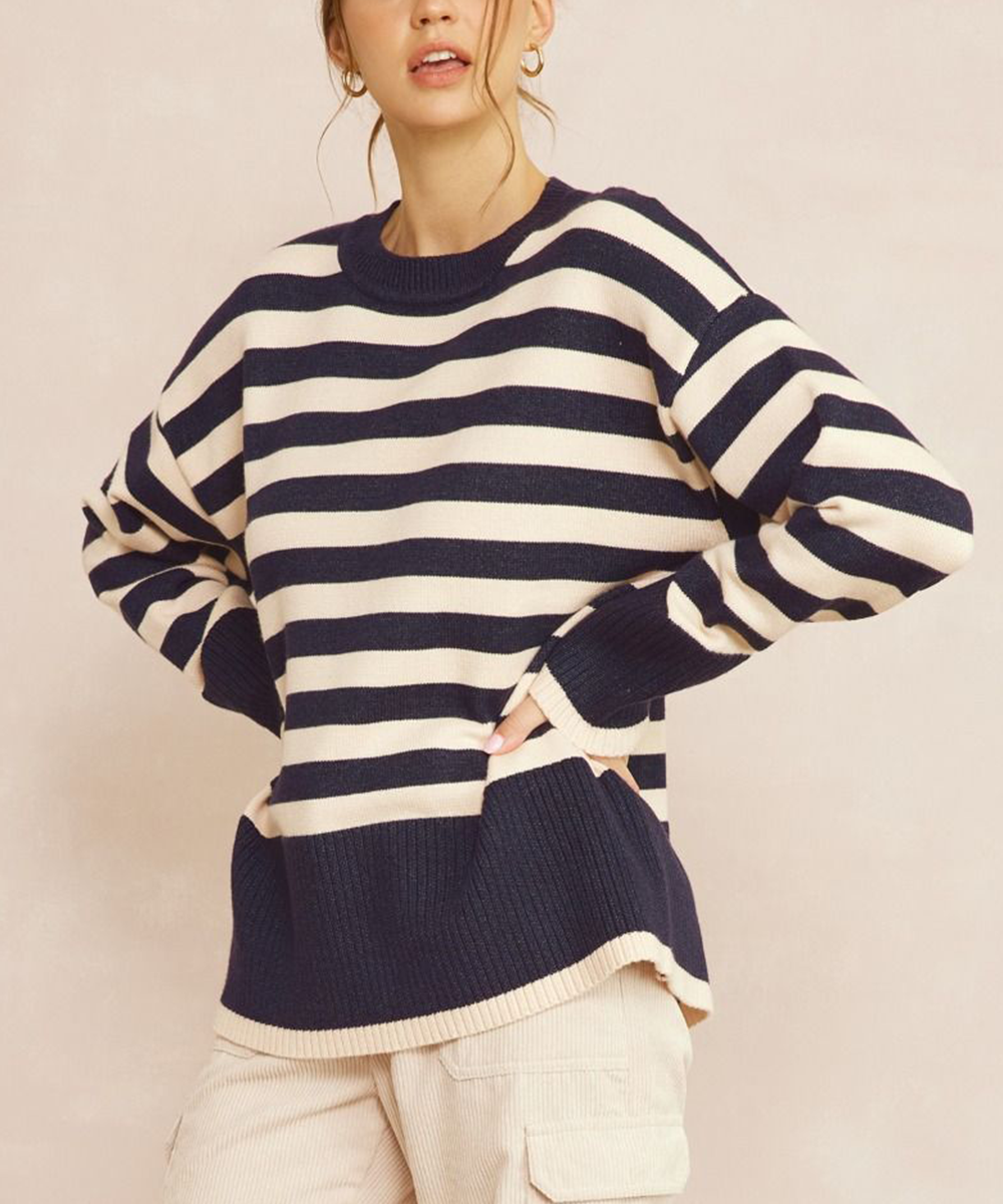 Stripe Crew Neck Sweater - Dark Navy OR Green - FINAL SALE – She
