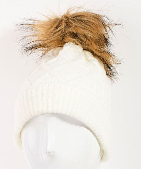 Ivory Cableknit Faux Fur Pom Hat