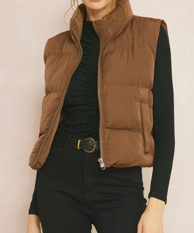 Women's Brown Puffer Vest- Brown Cropped Puffer Vest- Entro Clothing Vest Small