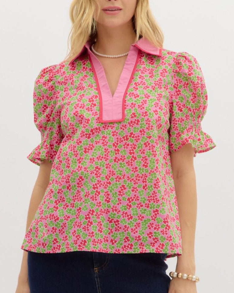 Floral Short Sleeve V-Neck Top - Pink – She She Boutique