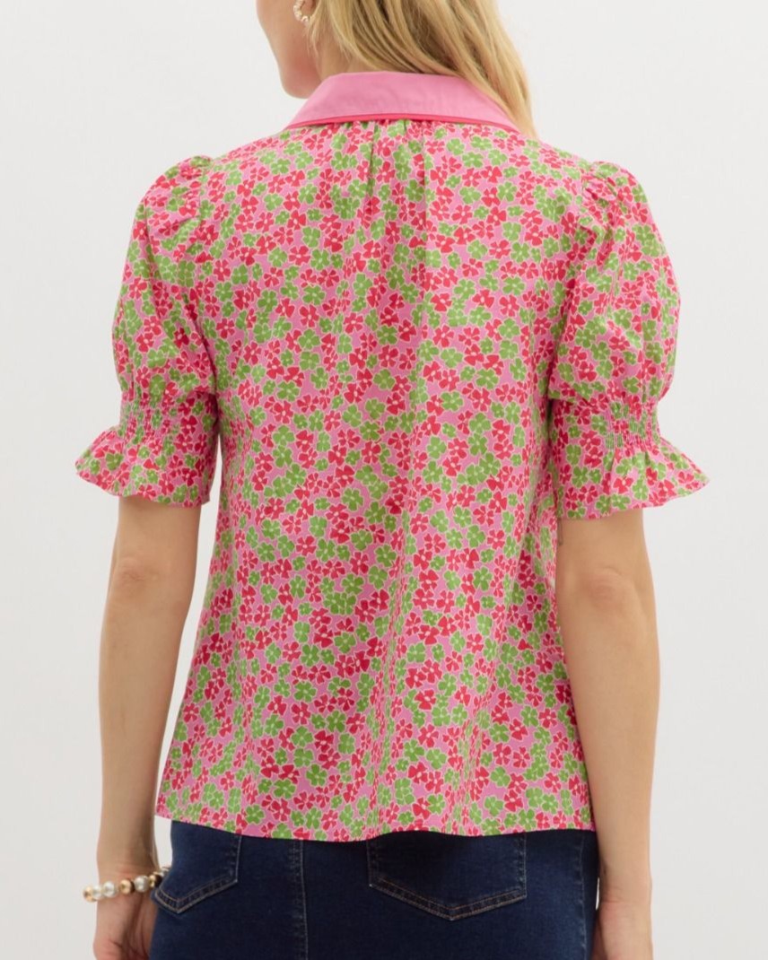 Floral Short Sleeve V-Neck Top - Pink – She She Boutique